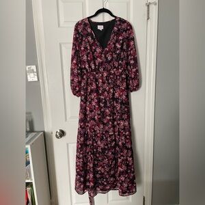 Ingrid Isabel Maternity Midi Dress Long Sleeve Black Purple Floral Roses Size XL